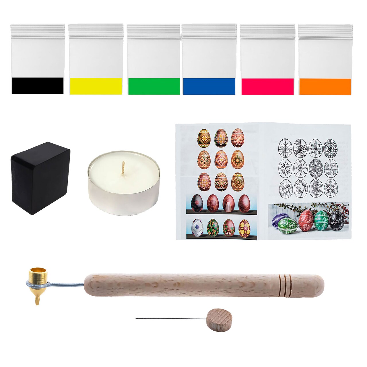 0.3 mm Fine Brass Tip Kistkas, Beeswax, 6 Dyes, Candle and Instructions Ukrainian Easter Egg Decorating Kit